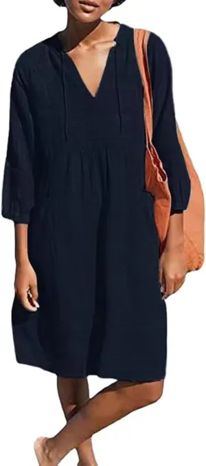 Cotton Linen Dress for Women 2025 Beach Vacation Dresses V Neck Half Sleeves Solid Color Casual Flowy Summer Dresses