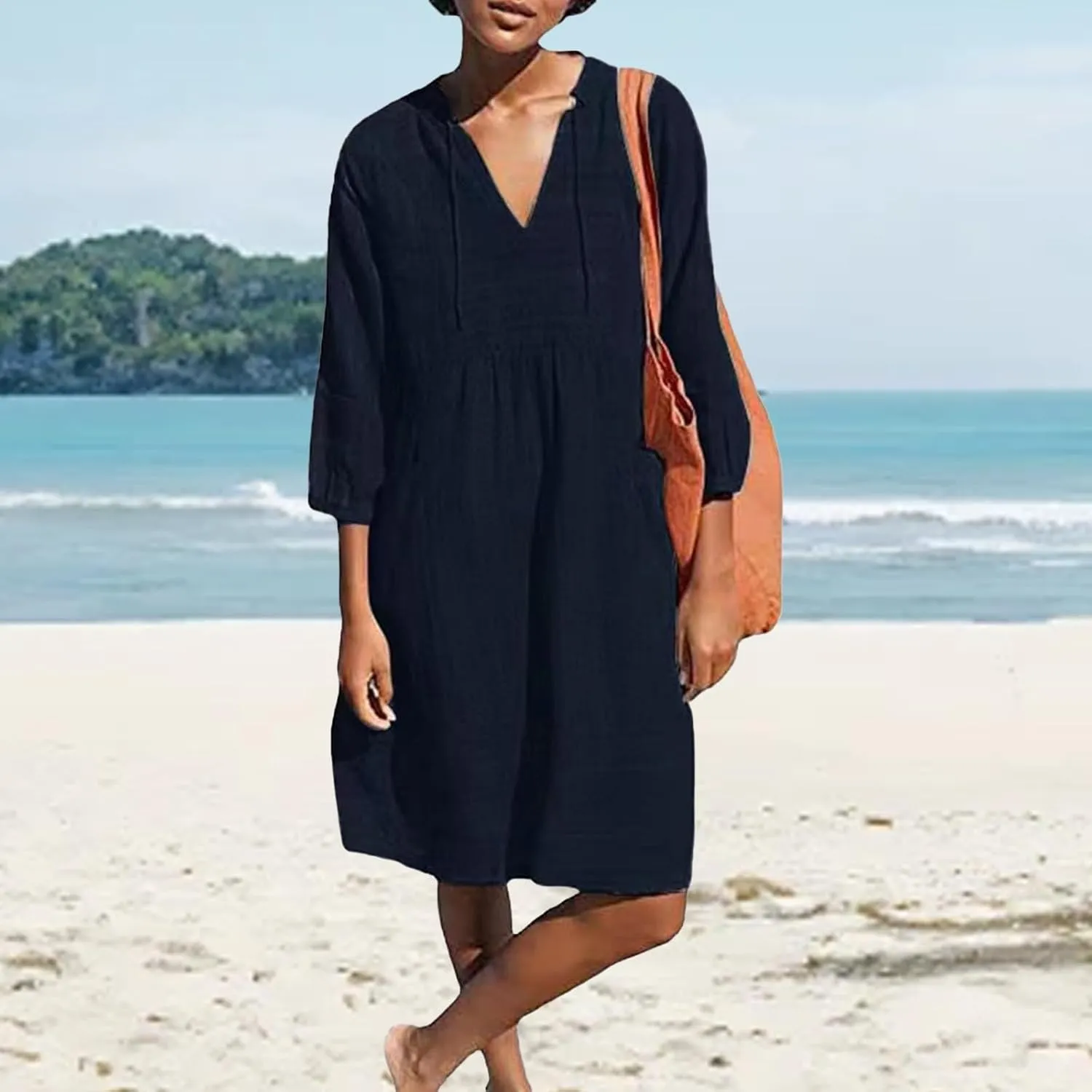 Cotton Linen Dress for Women 2025 Beach Vacation Dresses V Neck Half Sleeves Solid Color Casual Flowy Summer Dresses