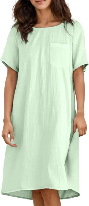 Cotton Linen Dress for Women Crew Neck Short Sleeve Flowy Plus Size Summer Knee Length Dresses with Chest Pockets