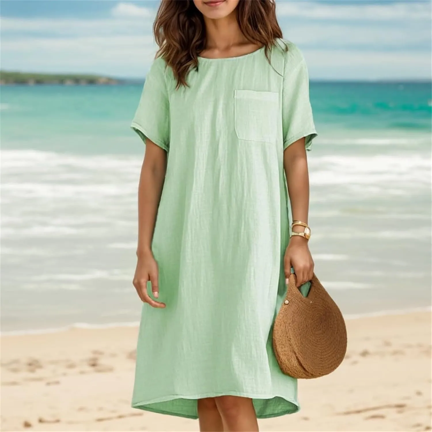 Cotton Linen Dress for Women Crew Neck Short Sleeve Flowy Plus Size Summer Knee Length Dresses with Chest Pockets