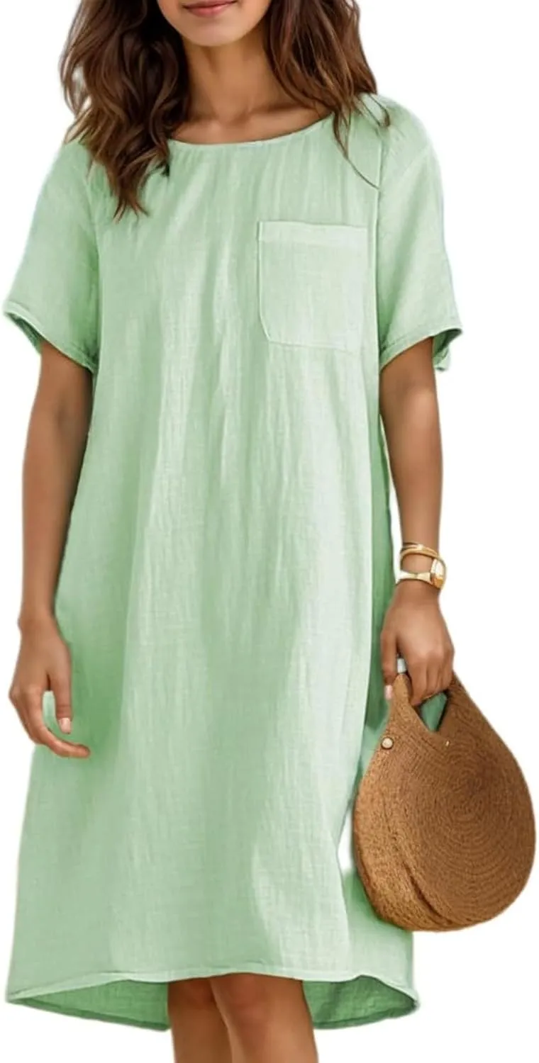 Cotton Linen Dress for Women Crew Neck Short Sleeve Flowy Plus Size Summer Knee Length Dresses with Chest Pockets