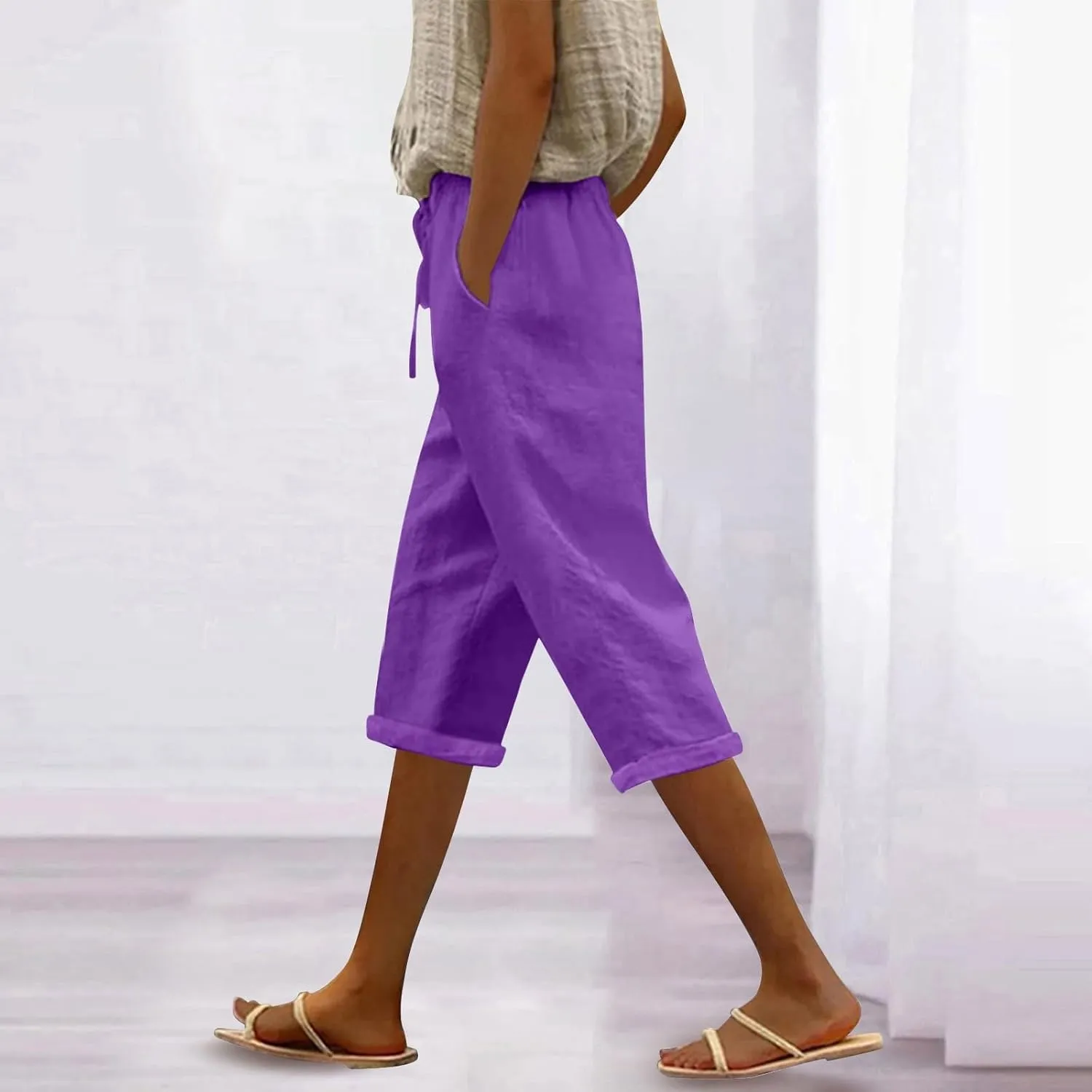 Cotton Linen Pants for Women Casual 2025 Summer Elastic Waist Capris Pants Trendy Straight Wide Leg Cropped Trouser