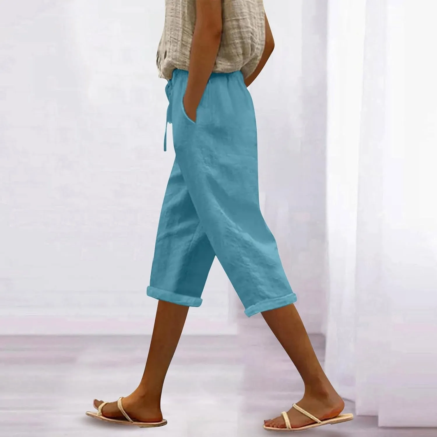Cotton Linen Pants for Women Casual 2025 Summer Elastic Waist Capris Pants Trendy Straight Wide Leg Cropped Trouser