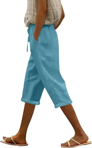 Cotton Linen Pants for Women Casual 2025 Summer Elastic Waist Capris Pants Trendy Straight Wide Leg Cropped Trouser