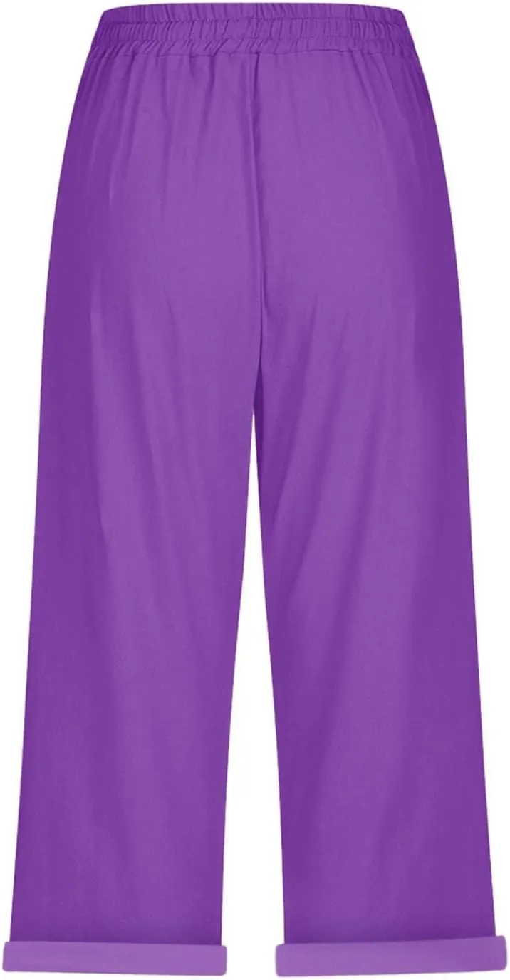 Cotton Linen Pants for Women Casual 2025 Summer Elastic Waist Capris Pants Trendy Straight Wide Leg Cropped Trouser
