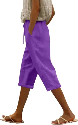 Cotton Linen Pants for Women Casual 2025 Summer Elastic Waist Capris Pants Trendy Straight Wide Leg Cropped Trouser