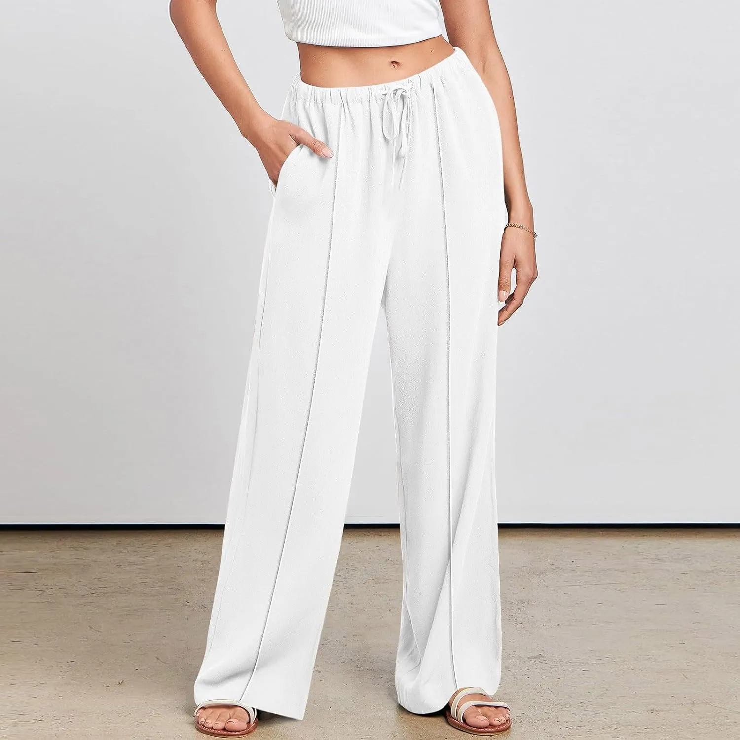 Cotton Linen Pants Women Elastic High Waisted Wide Leg Pants Baggy Drawstring Straight Leg Sweatpants with Pockets