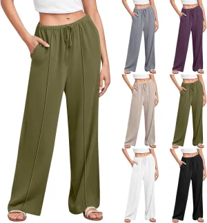 Cotton Linen Pants Women Elastic High Waisted Wide Leg Pants Baggy Drawstring Straight Leg Sweatpants with Pockets