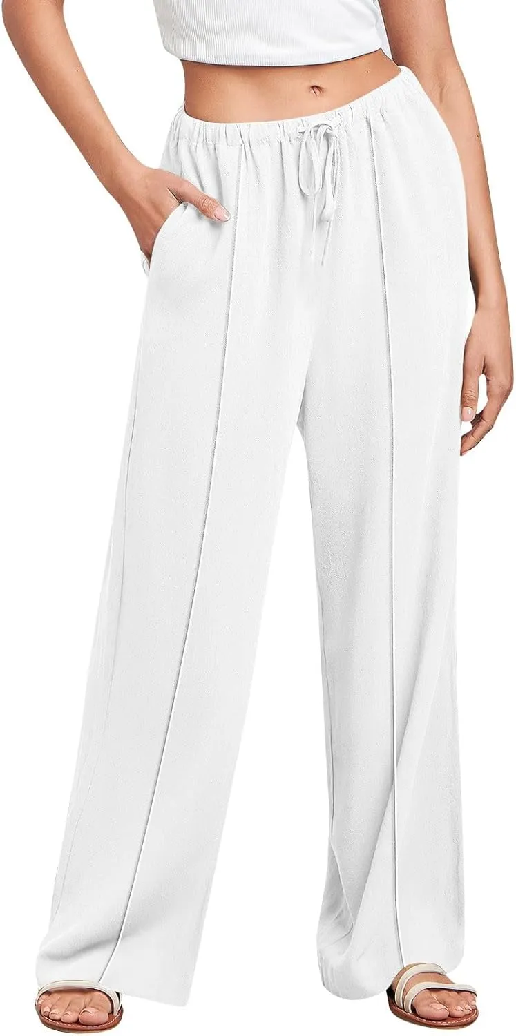 Cotton Linen Pants Women Elastic High Waisted Wide Leg Pants Baggy Drawstring Straight Leg Sweatpants with Pockets