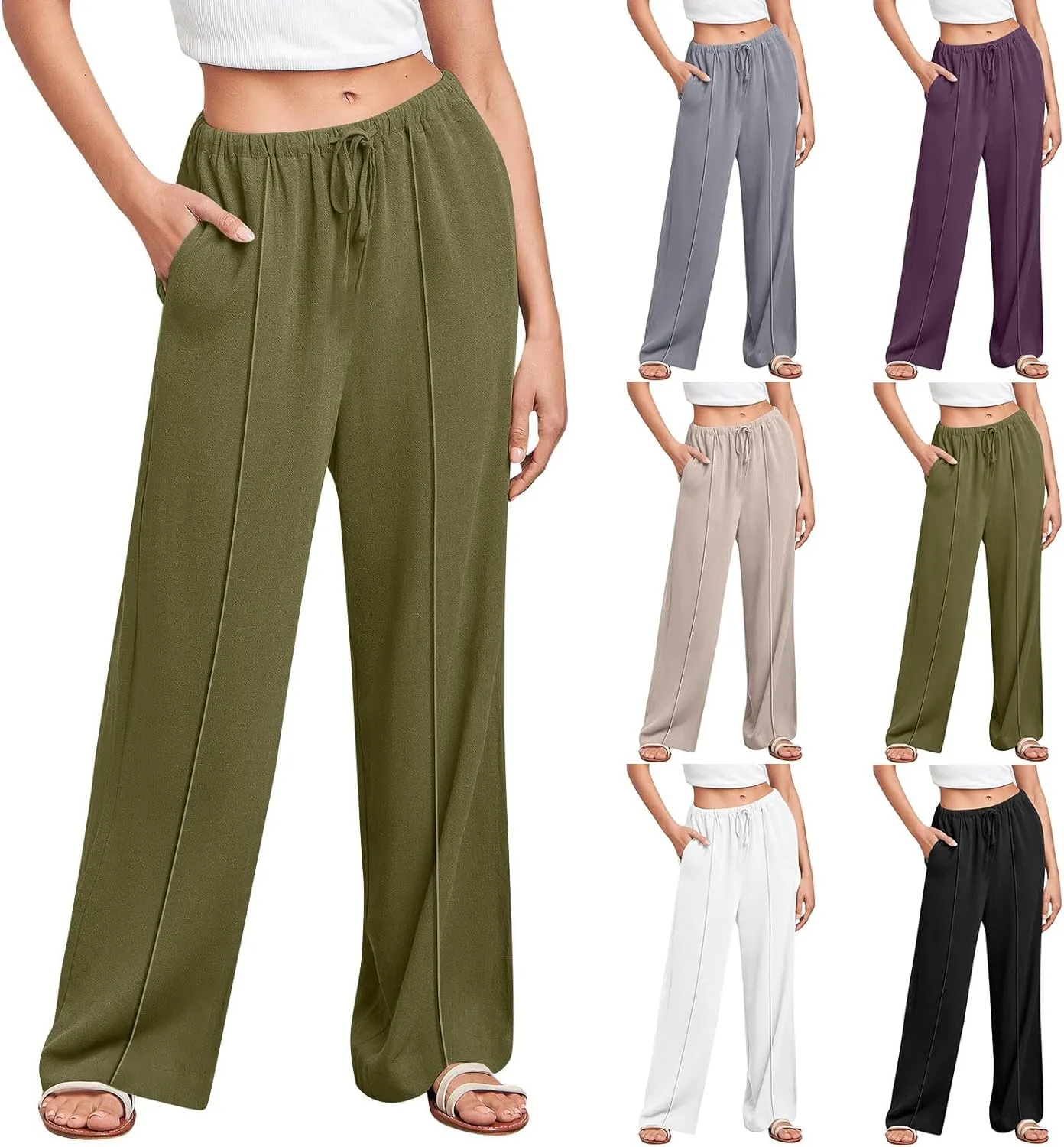 Cotton Linen Pants Women Elastic High Waisted Wide Leg Pants Baggy Drawstring Straight Leg Sweatpants with Pockets