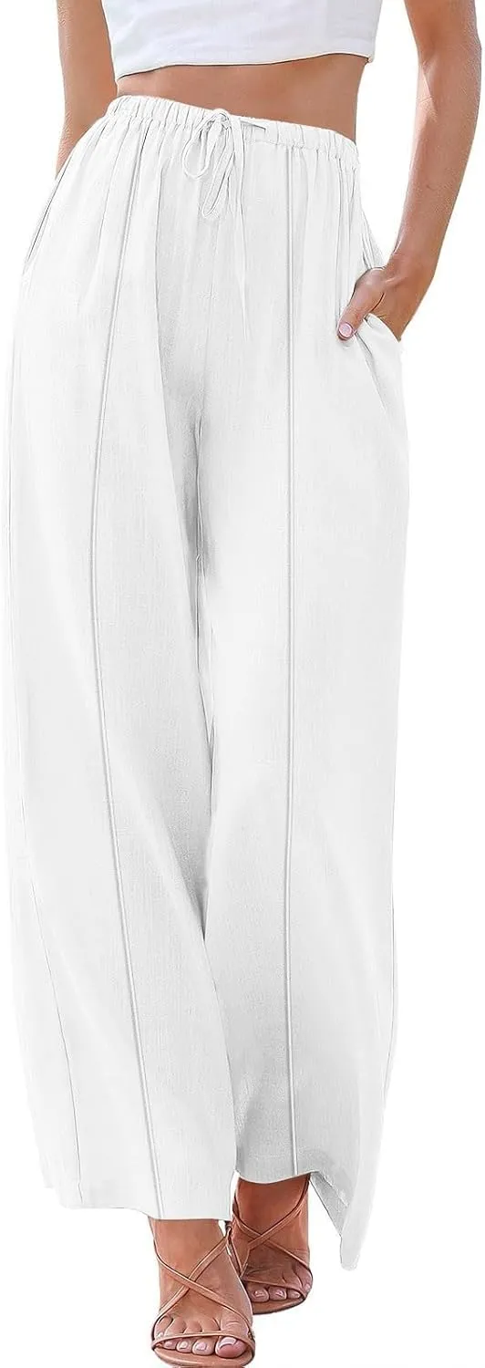 Cotton Linen Pants Women Elastic High Waisted Wide Leg Pants Baggy Drawstring Straight Leg Sweatpants with Pockets