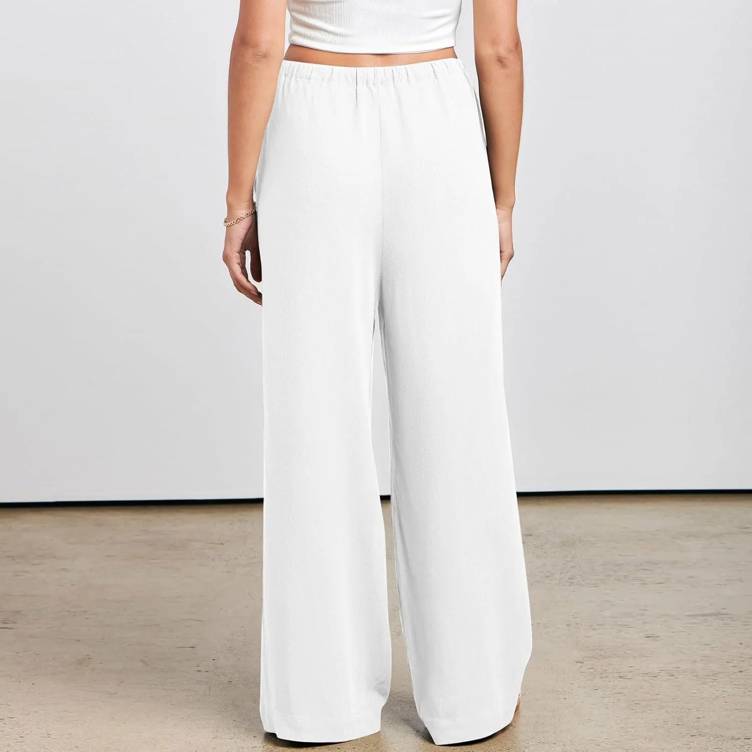 Cotton Linen Pants Women Elastic High Waisted Wide Leg Pants Baggy Drawstring Straight Leg Sweatpants with Pockets