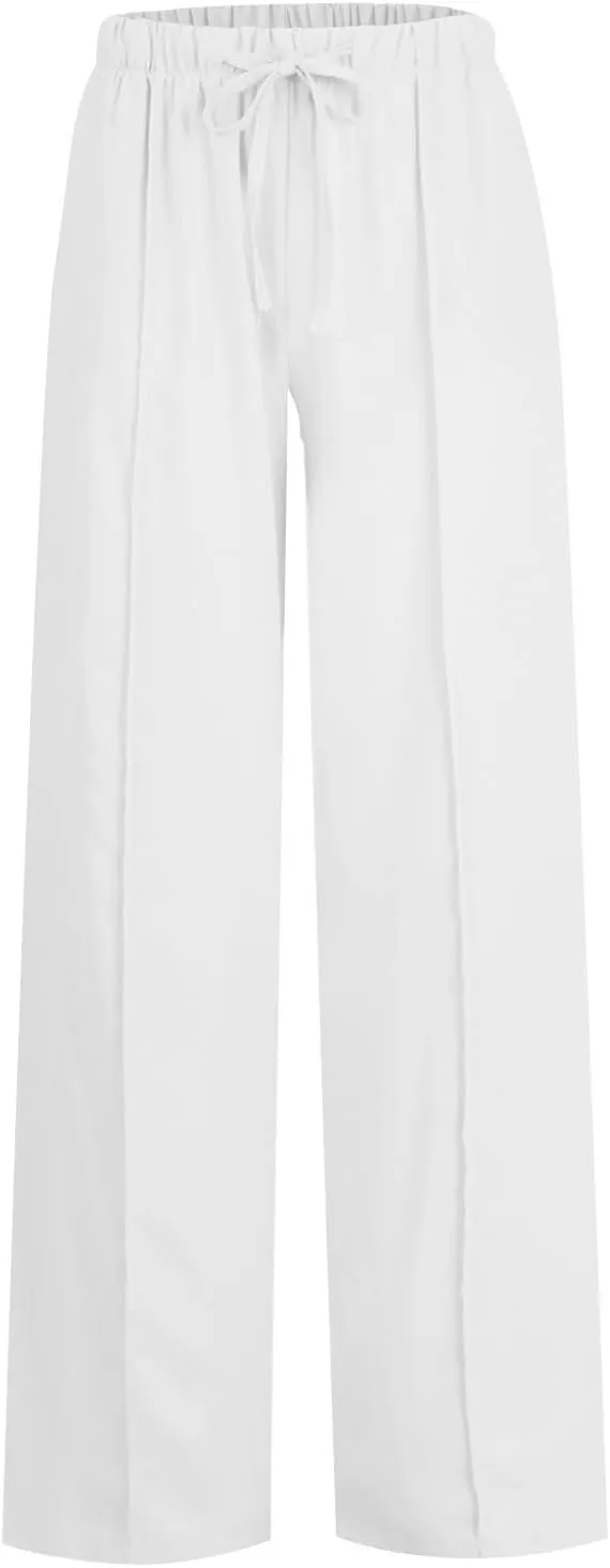 Cotton Linen Pants Women Elastic High Waisted Wide Leg Pants Baggy Drawstring Straight Leg Sweatpants with Pockets