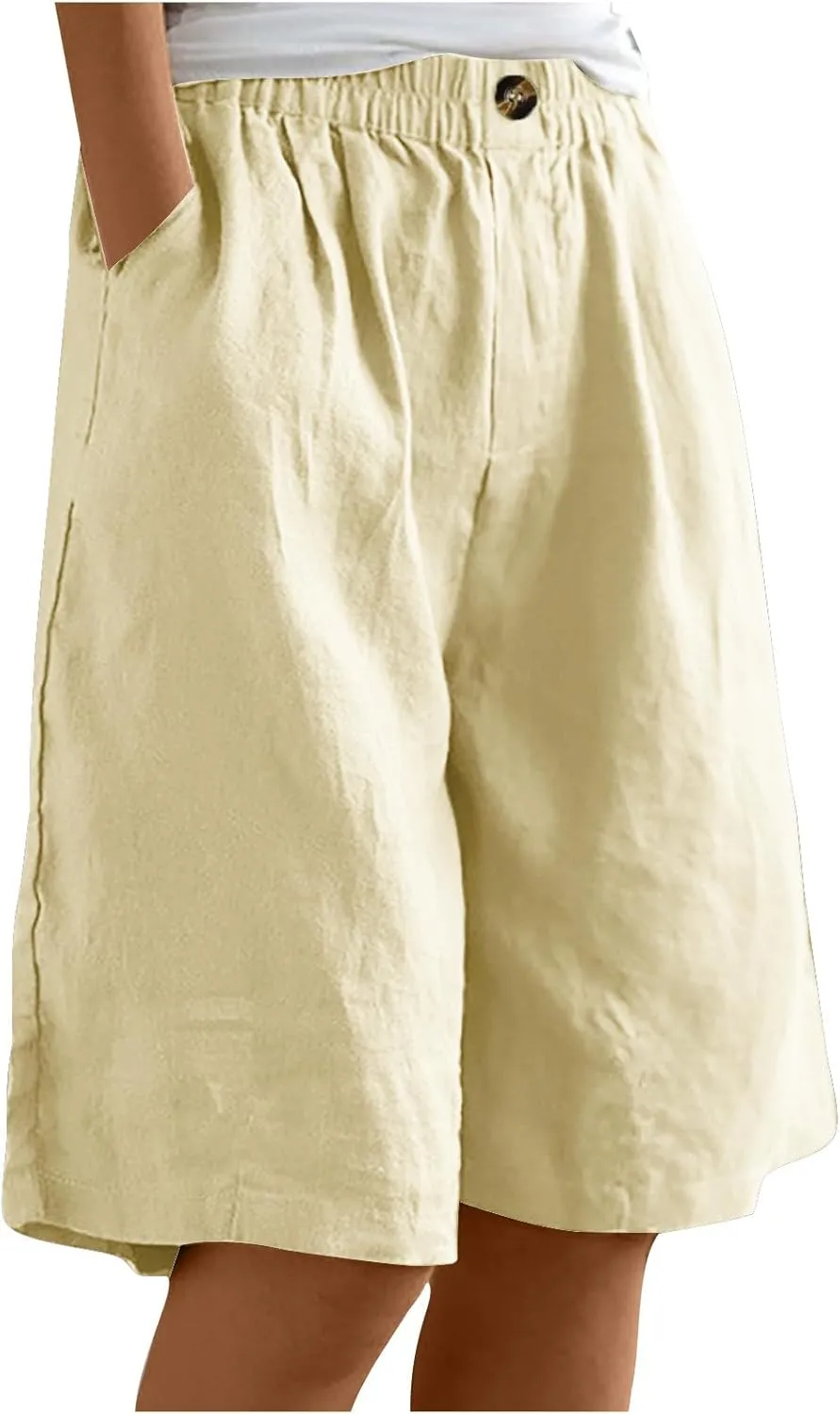 Cotton Linen Shorts for Women Loose Fit Knee Length Bermuda Shorts Casual Wide Leg Elastic Waist Workout Shorts