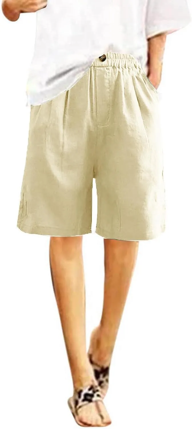 Cotton Linen Shorts for Women Loose Fit Knee Length Bermuda Shorts Casual Wide Leg Elastic Waist Workout Shorts