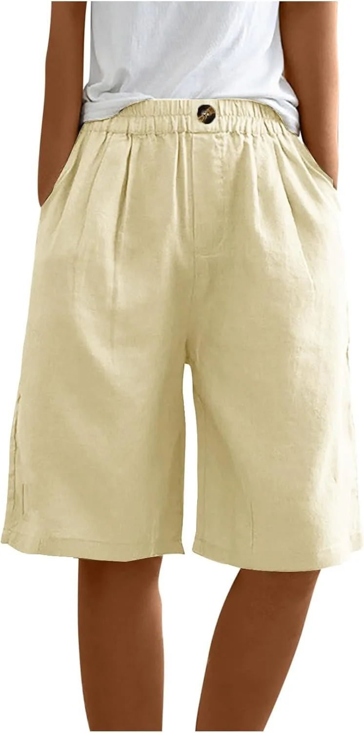 Cotton Linen Shorts for Women Loose Fit Knee Length Bermuda Shorts Casual Wide Leg Elastic Waist Workout Shorts
