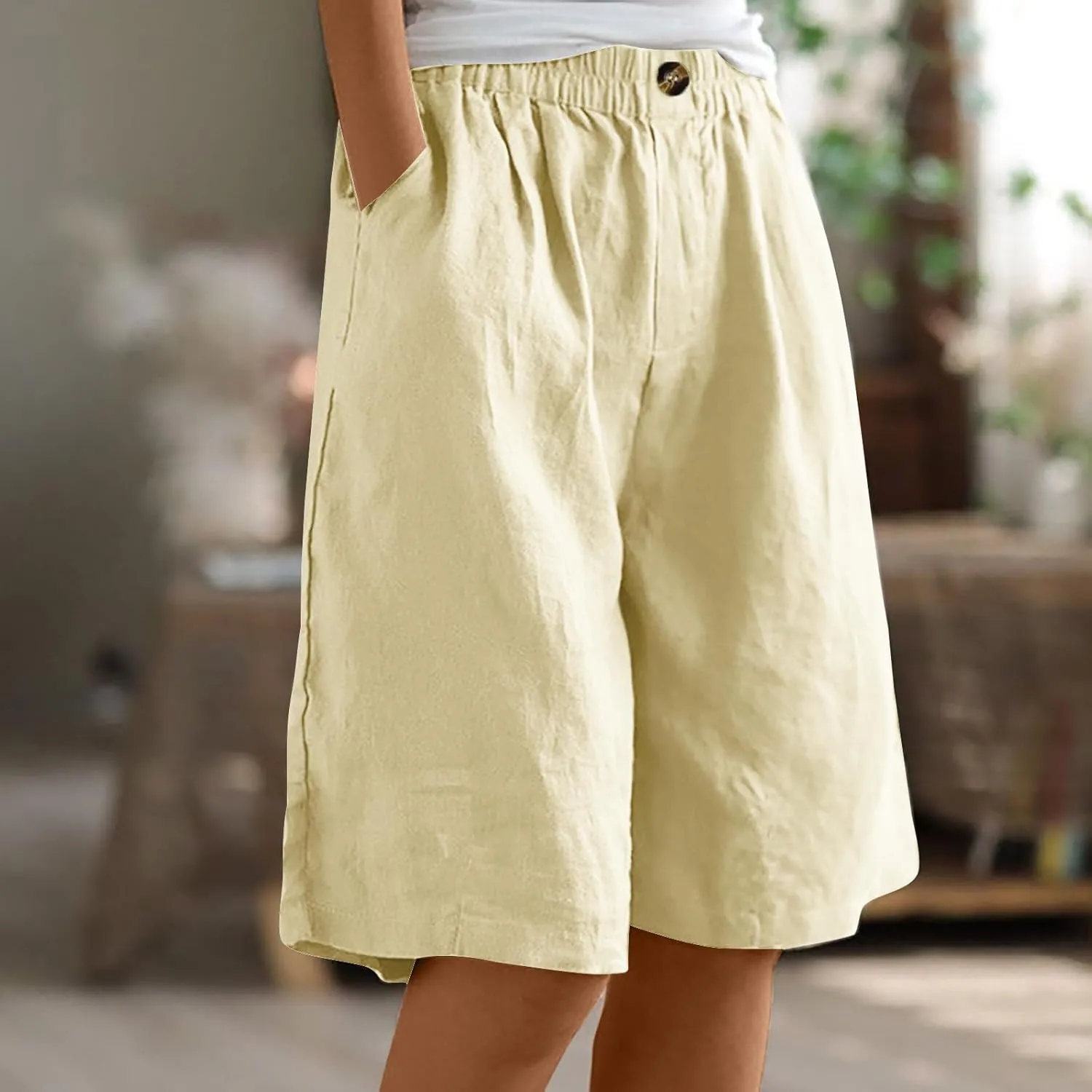 Cotton Linen Shorts for Women Loose Fit Knee Length Bermuda Shorts Casual Wide Leg Elastic Waist Workout Shorts