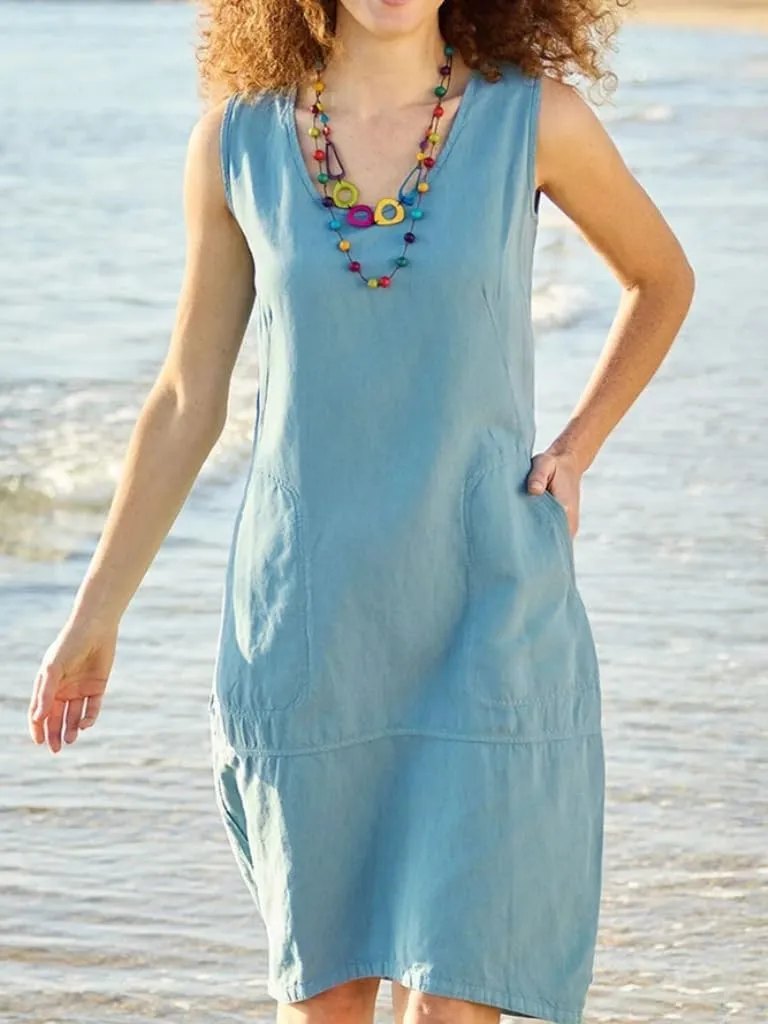 Cotton Linen Summer Midi Dresses for Women 2025 Vacation Sleeveless V-Neck Sundress Loose Casual Beach Solid Dresses