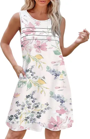 Cotton Summer Dresses for Women Womens with Pockets Summer Casual Tank Dress Sleeveless Midi Beach Dress Summer