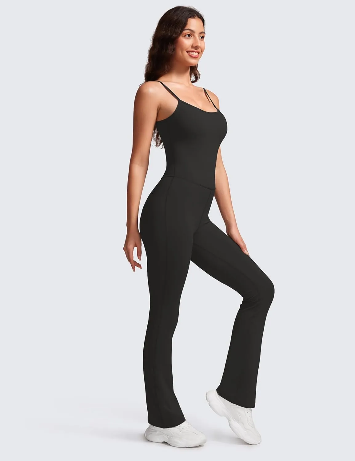 CRZ YOGA Butterluxe Flare Jumpsuits for Women Spaghetti Strap Workout Athletic Onesie Square Neck Bodysuits with Built in Bra