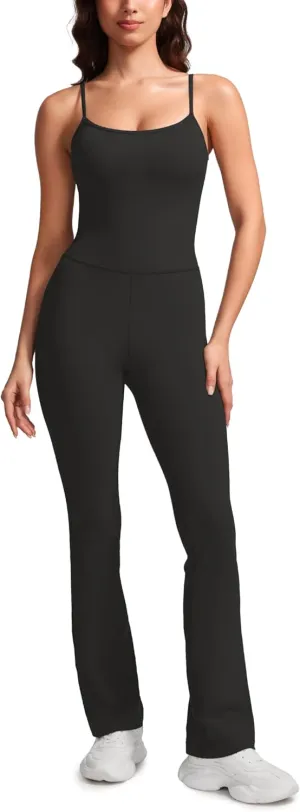 CRZ YOGA Butterluxe Flare Jumpsuits for Women Spaghetti Strap Workout Athletic Onesie Square Neck Bodysuits with Built in Bra