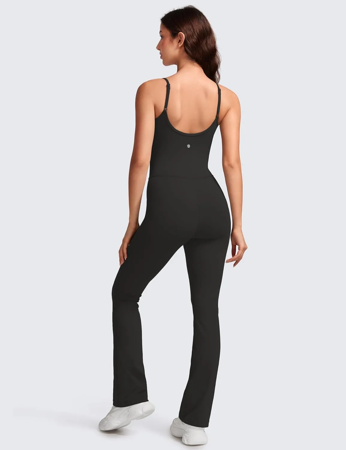 CRZ YOGA Butterluxe Flare Jumpsuits for Women Spaghetti Strap Workout Athletic Onesie Square Neck Bodysuits with Built in Bra