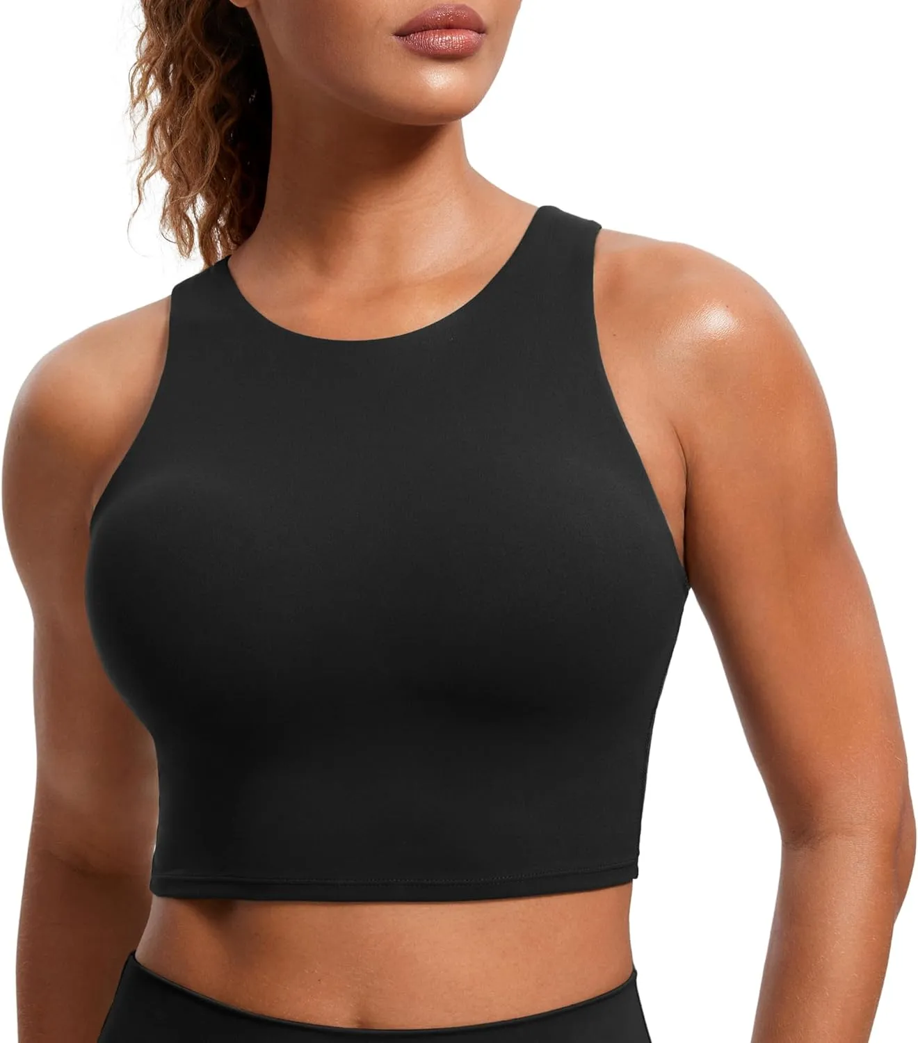 CRZ YOGA Butterluxe Racerback Longline Sports Bras for Women - High Neck Padded Crop Workout Tank Top with Built in Pads