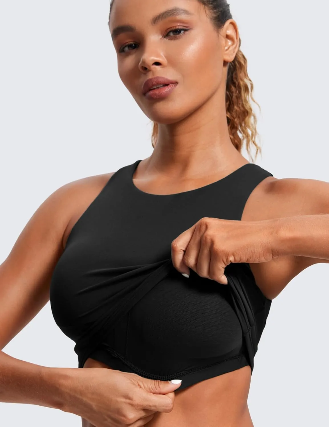 CRZ YOGA Butterluxe Racerback Longline Sports Bras for Women - High Neck Padded Crop Workout Tank Top with Built in Pads