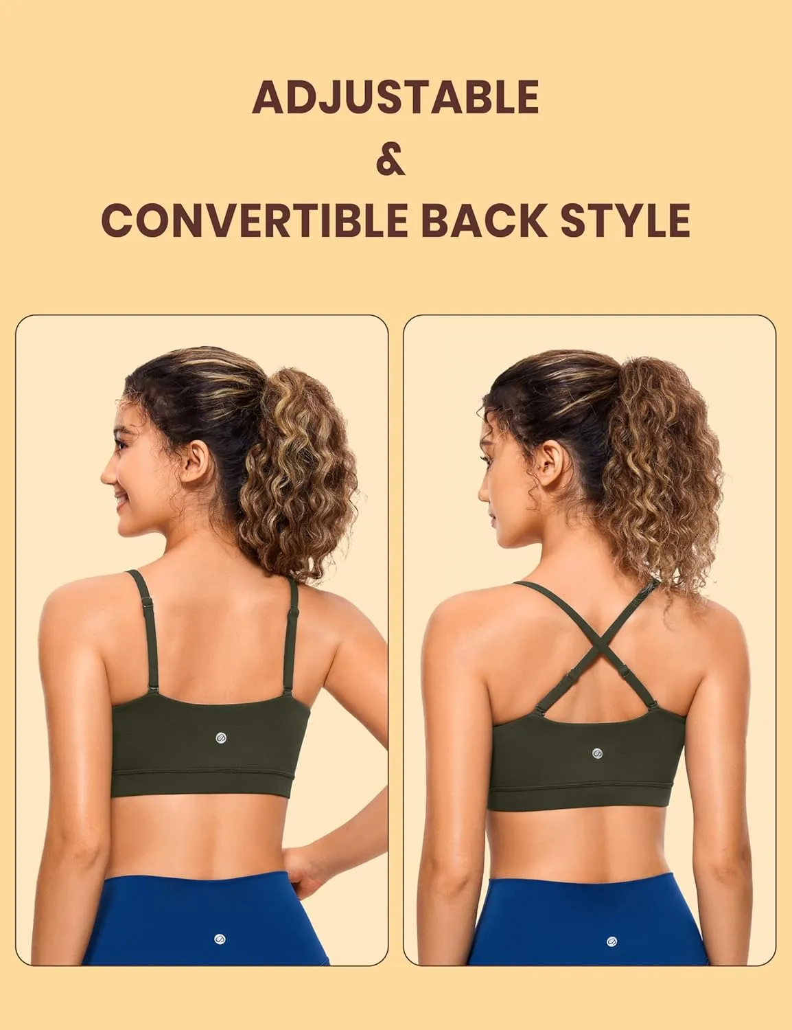 CRZ YOGA Butterluxe Womens Adjustable Spaghetti Thin Strap Sports Bra - Padded Wireless Square Neck Workout Yoga Clothes