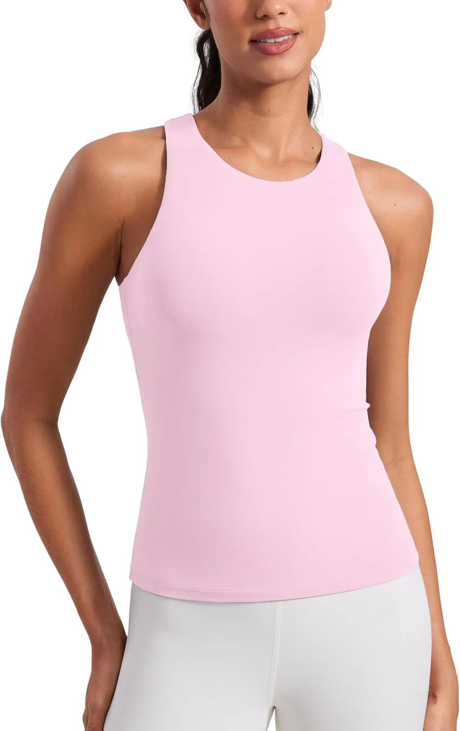 CRZ YOGA Butterluxe Womens Racerback Workout Tank Top with Built in Shelf Bra - Padded High Neck Yoga Athletic Camisole