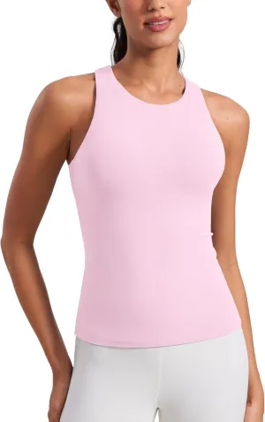 CRZ YOGA Butterluxe Womens Racerback Workout Tank Top with Built in Shelf Bra - Padded High Neck Yoga Athletic Camisole