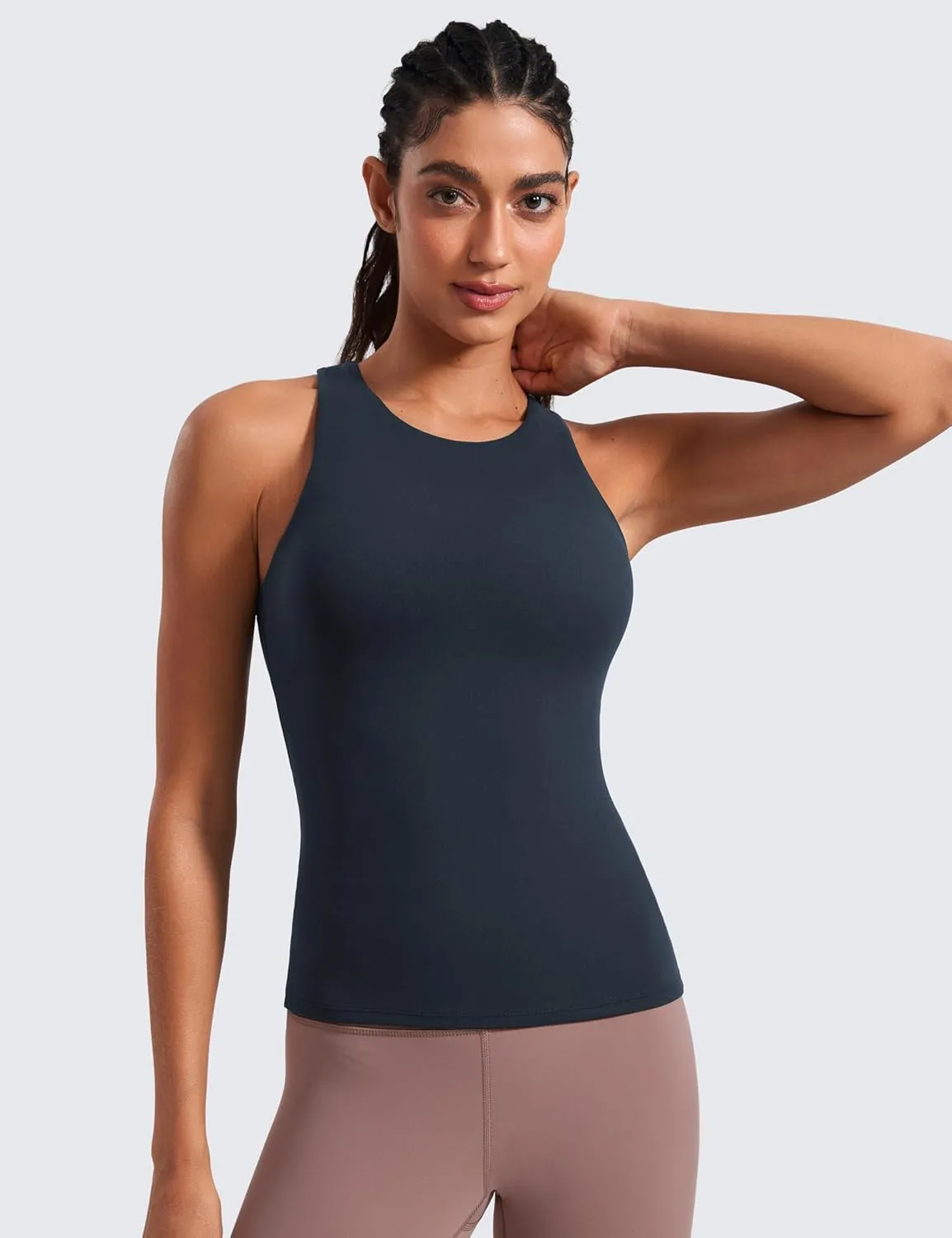 CRZ YOGA Butterluxe Womens Racerback Workout Tank Top with Built in Shelf Bra - Padded High Neck Yoga Athletic Camisole