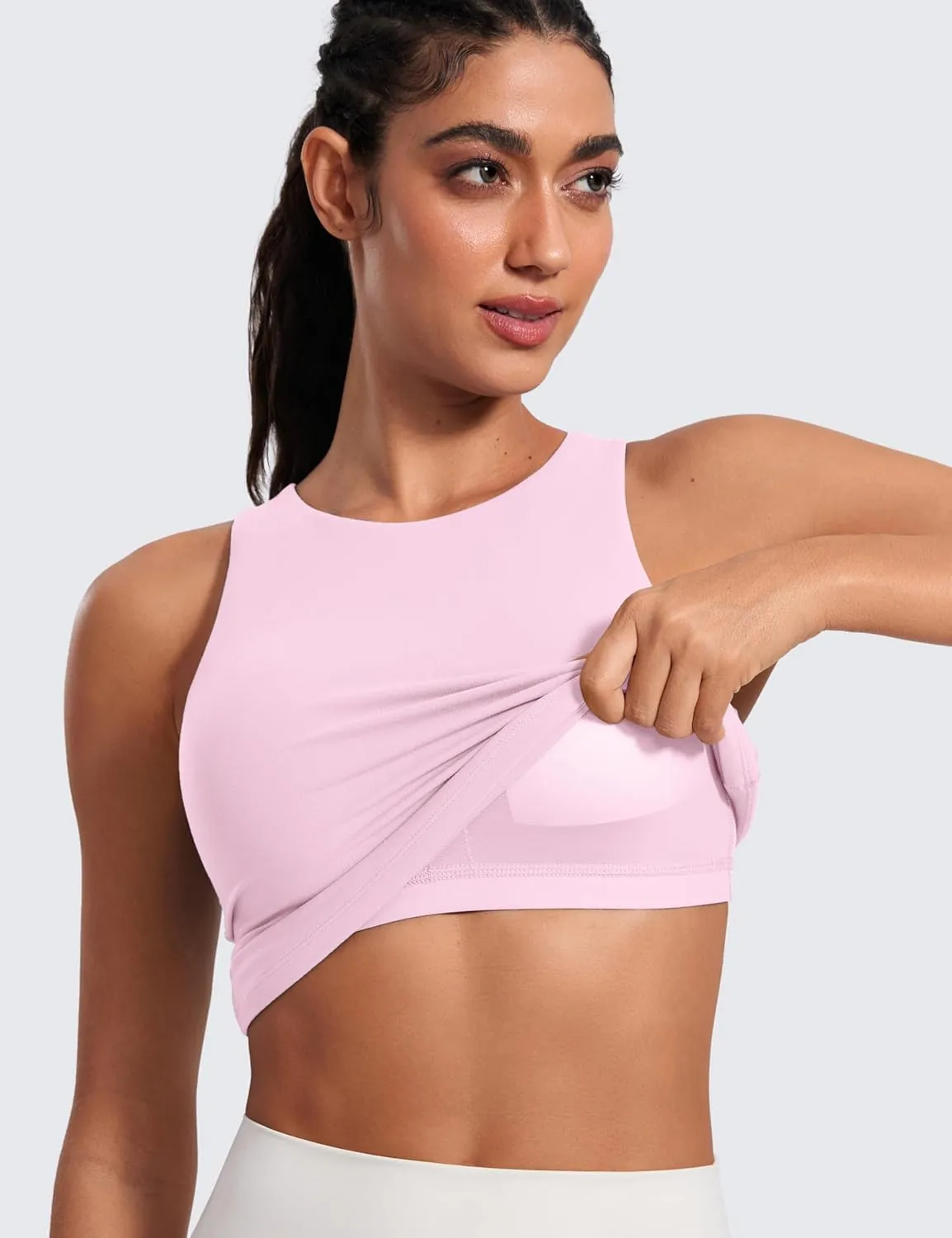 CRZ YOGA Butterluxe Womens Racerback Workout Tank Top with Built in Shelf Bra - Padded High Neck Yoga Athletic Camisole