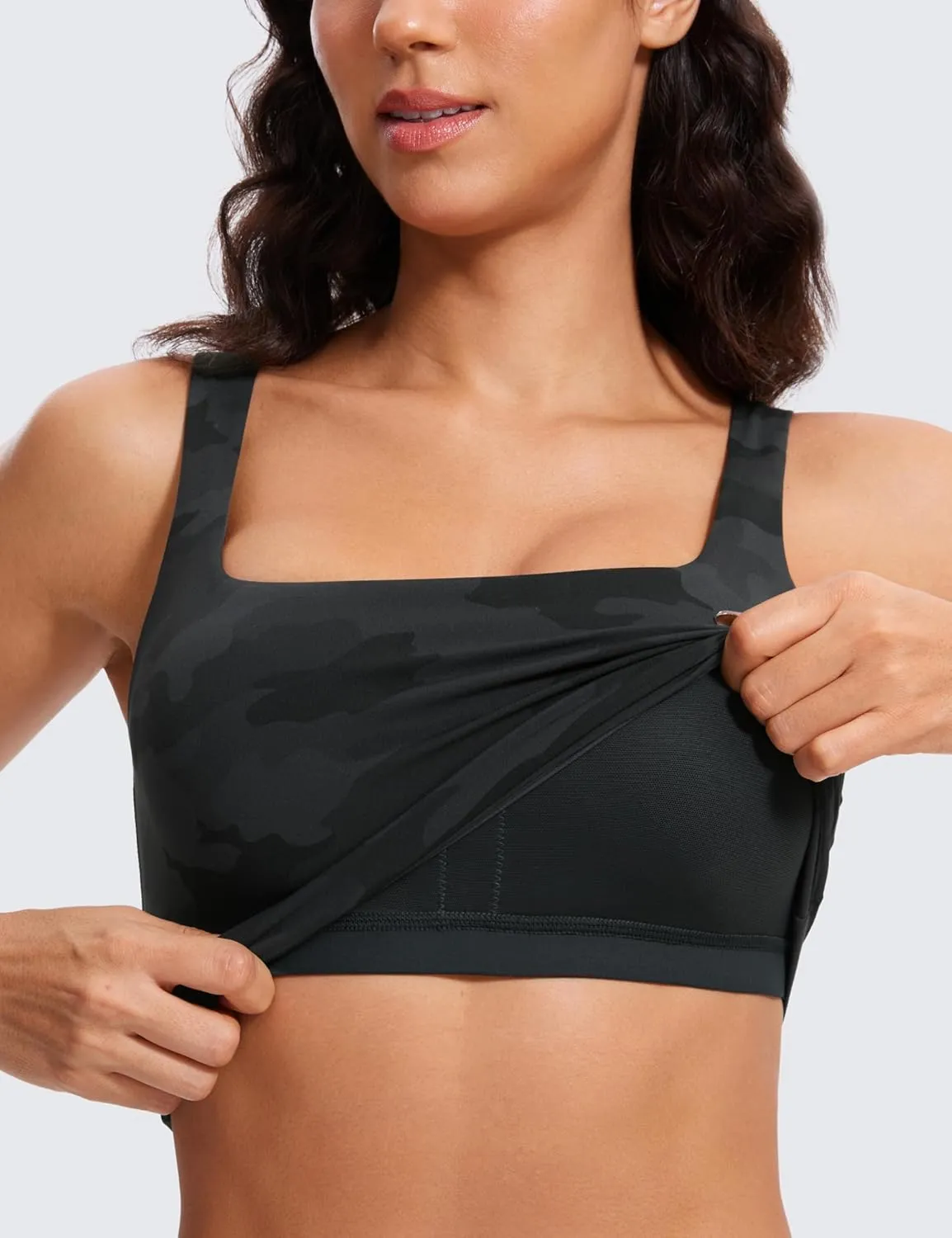 CRZ YOGA Butterluxe Womens Square Neck Longline Sports Bra - Workout Crop Tank Tops Padded Yoga Camisole with Built in Pads