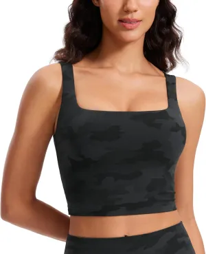 CRZ YOGA Butterluxe Womens Square Neck Longline Sports Bra - Workout Crop Tank Tops Padded Yoga Camisole with Built in Pads