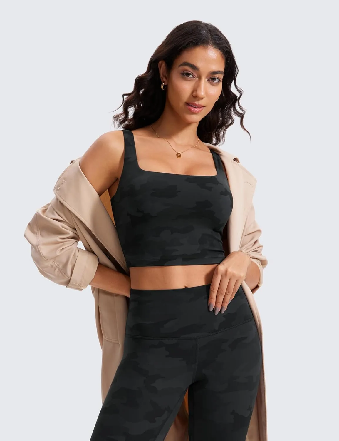 CRZ YOGA Butterluxe Womens Square Neck Longline Sports Bra - Workout Crop Tank Tops Padded Yoga Camisole with Built in Pads