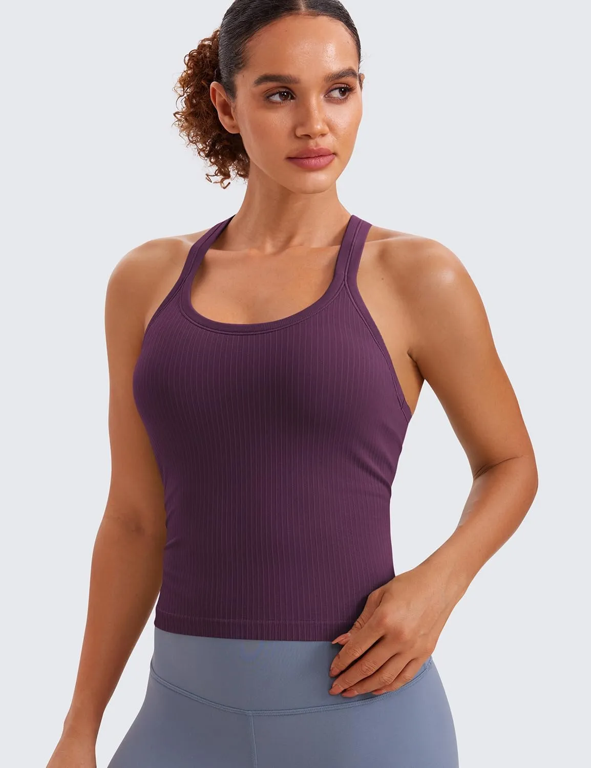 CRZ YOGA Seamless Ribbed Womens Tank Top Racerback Camisoles with Built in Bra Padded Scoop Neck Athletic Workout Slim Cami