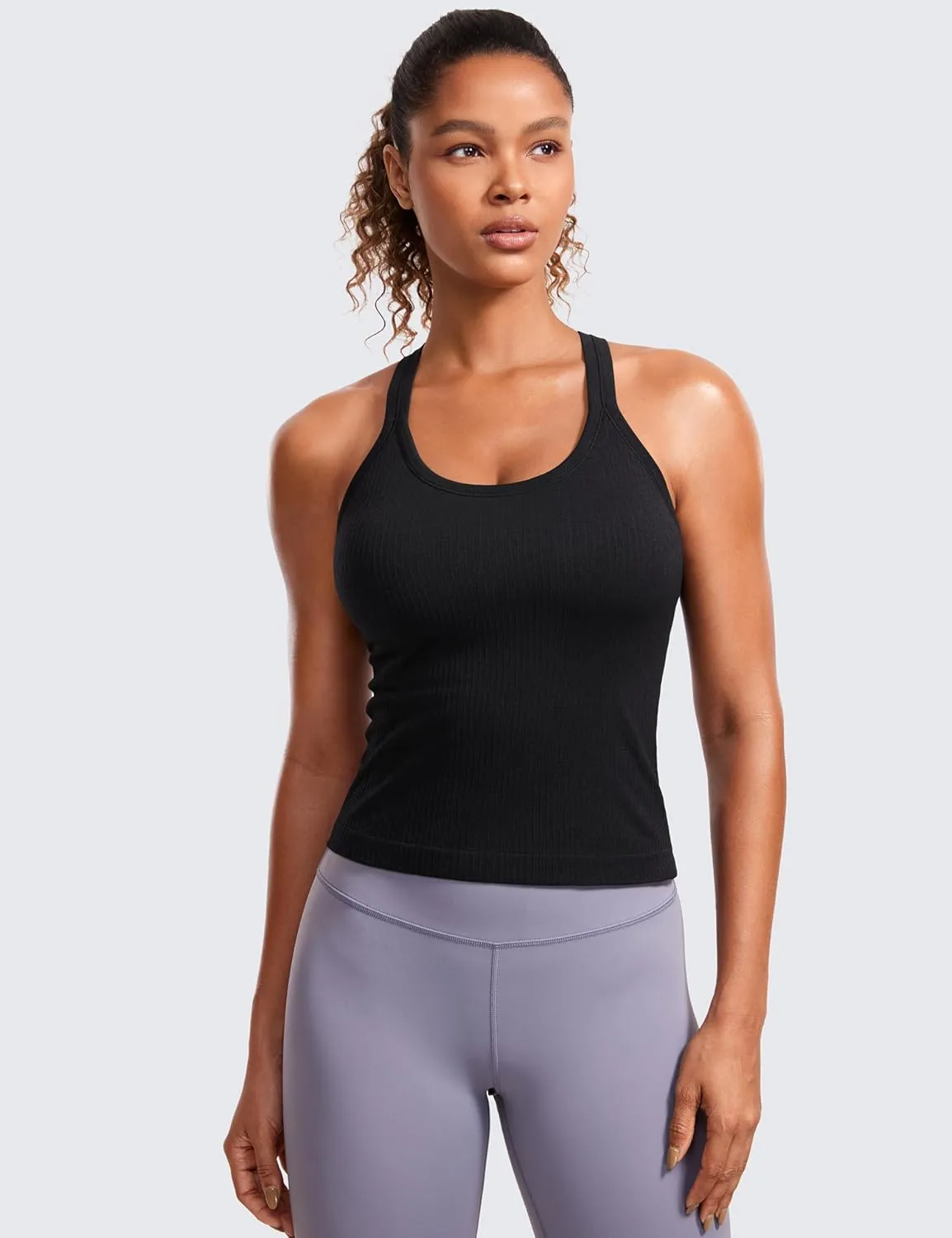 CRZ YOGA Seamless Ribbed Womens Tank Top Racerback Camisoles with Built in Bra Padded Scoop Neck Athletic Workout Slim Cami