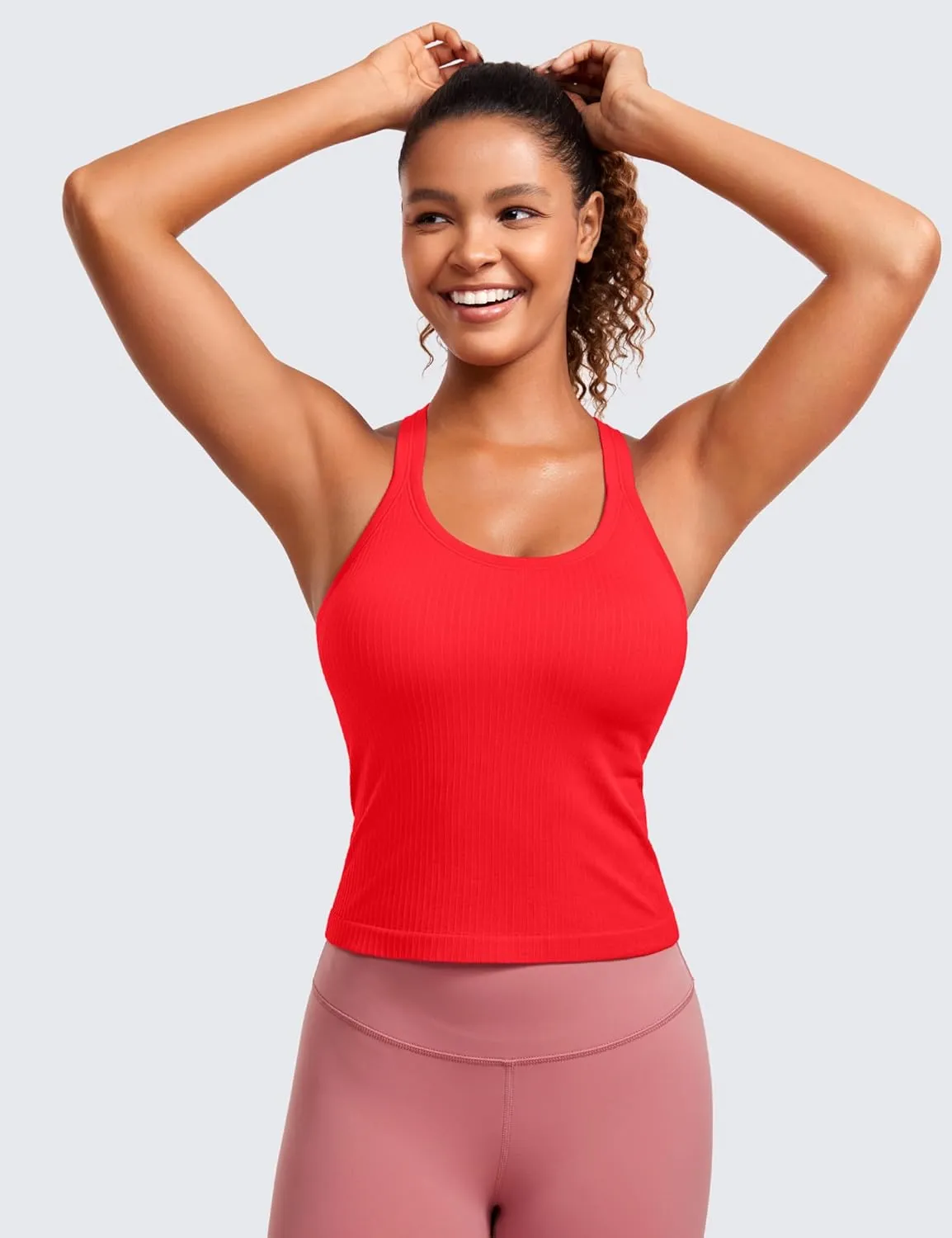 CRZ YOGA Seamless Ribbed Womens Tank Top Racerback Camisoles with Built in Bra Padded Scoop Neck Athletic Workout Slim Cami