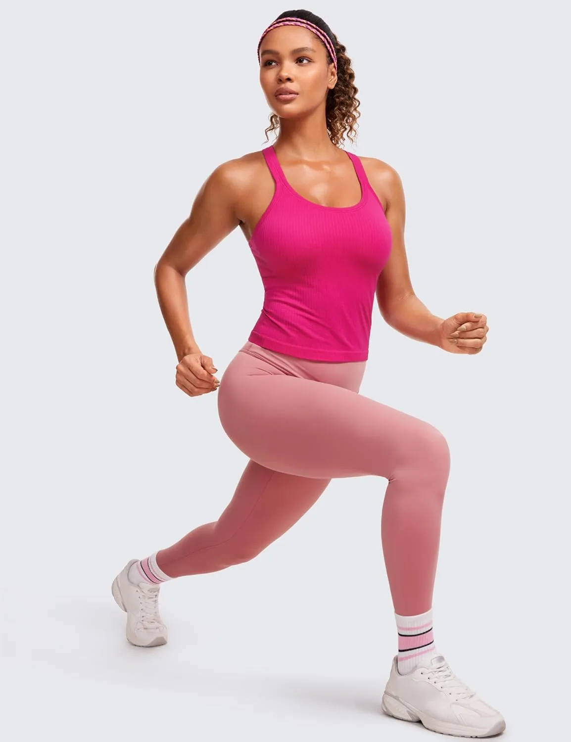 CRZ YOGA Seamless Ribbed Womens Tank Top Racerback Camisoles with Built in Bra Padded Scoop Neck Athletic Workout Slim Cami