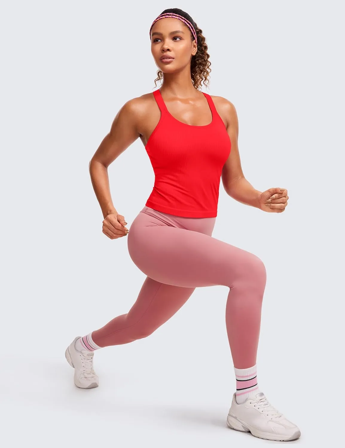 CRZ YOGA Seamless Ribbed Womens Tank Top Racerback Camisoles with Built in Bra Padded Scoop Neck Athletic Workout Slim Cami