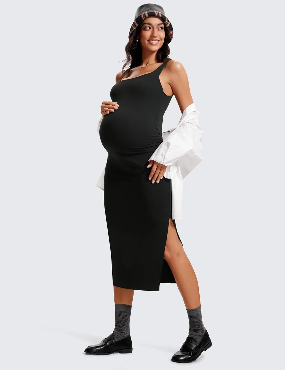 CRZ YOGA Women Butterluxe Sleeveless Tank Maternity Dress Split Ruched Pregnancy Square Neck Bodycon Casual Baby Shower