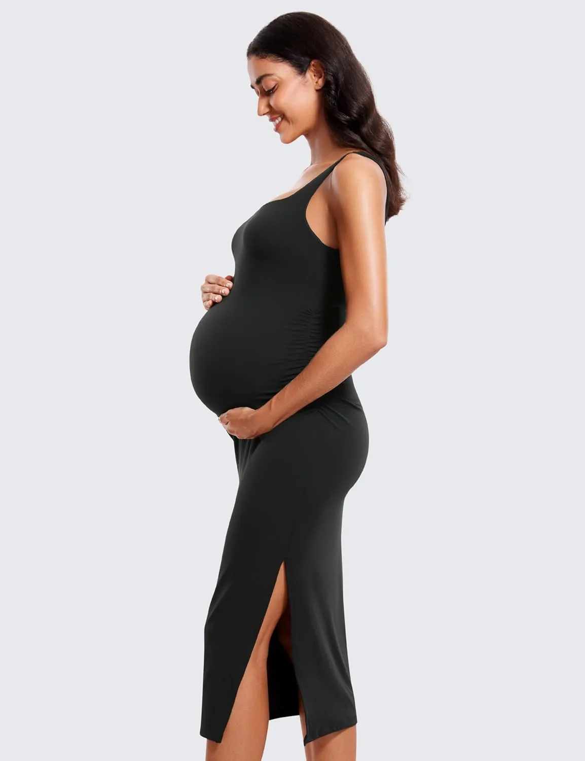 CRZ YOGA Women Butterluxe Sleeveless Tank Maternity Dress Split Ruched Pregnancy Square Neck Bodycon Casual Baby Shower