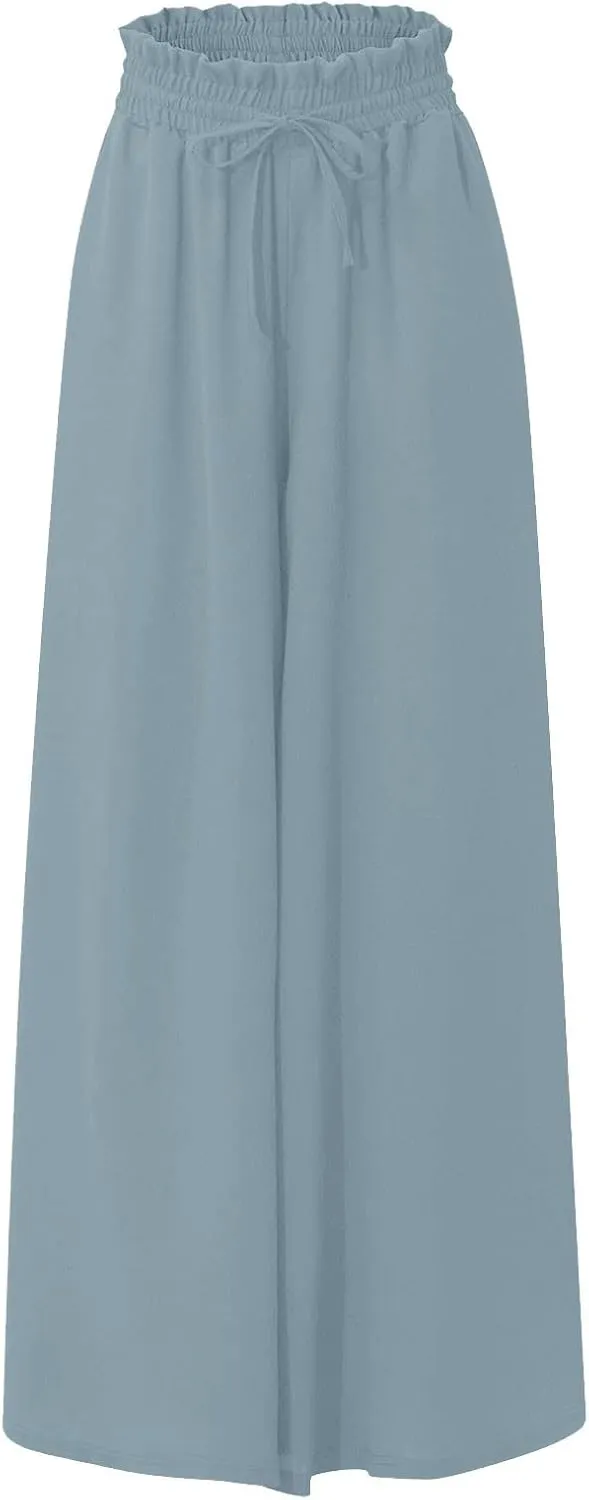 Culottes for Women Chiffon Dressy Casual Wide Leg Pants Elegant Baggy Elastic High Waisted Palazzo Pants with Pockets