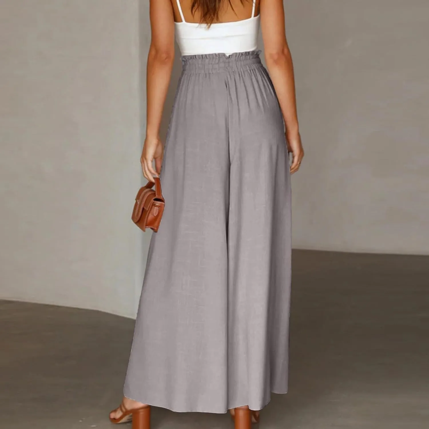 Culottes for Women Chiffon Dressy Casual Wide Leg Pants Elegant Baggy Elastic High Waisted Palazzo Pants with Pockets