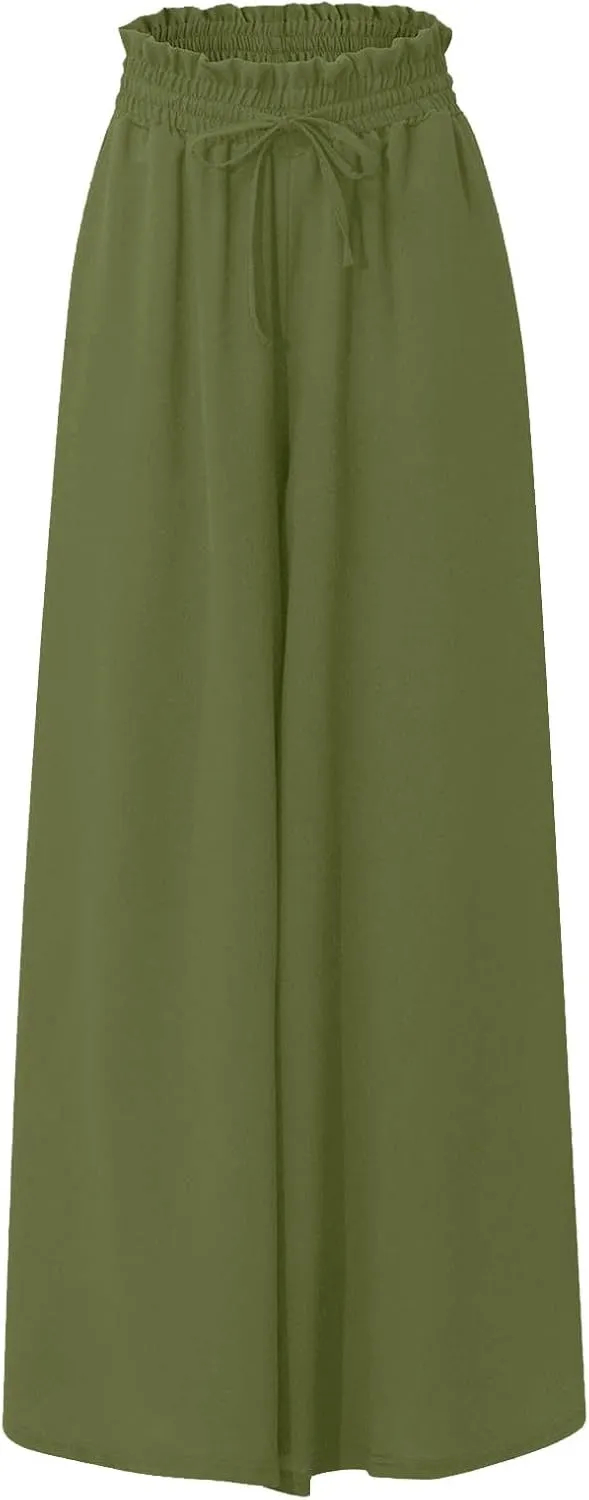 Culottes for Women Chiffon Dressy Casual Wide Leg Pants Elegant Baggy Elastic High Waisted Palazzo Pants with Pockets
