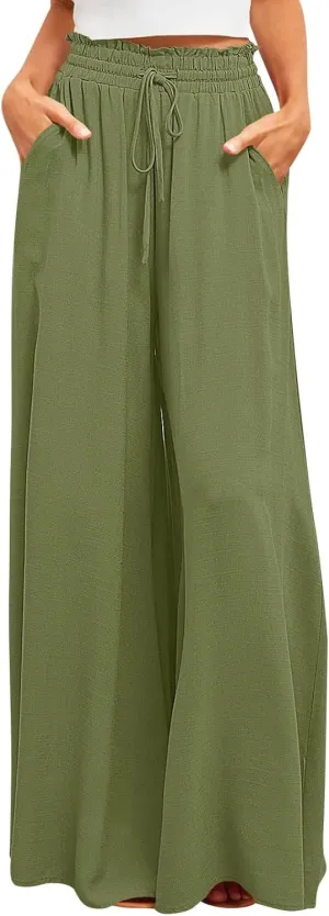 Culottes for Women Chiffon Dressy Casual Wide Leg Pants Elegant Baggy Elastic High Waisted Palazzo Pants with Pockets