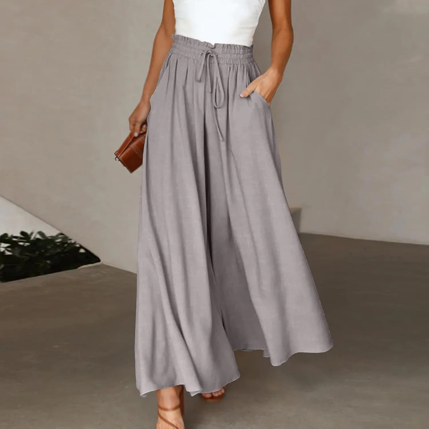 Culottes for Women Chiffon Dressy Casual Wide Leg Pants Elegant Baggy Elastic High Waisted Palazzo Pants with Pockets