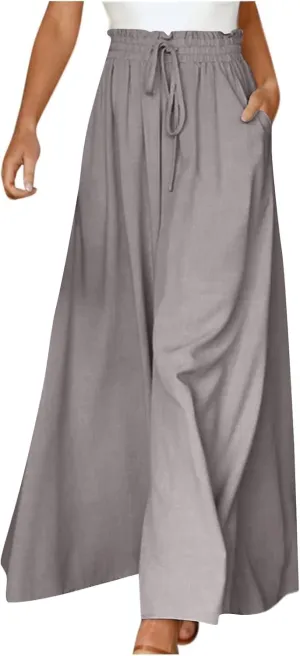 Culottes for Women Chiffon Dressy Casual Wide Leg Pants Elegant Baggy Elastic High Waisted Palazzo Pants with Pockets