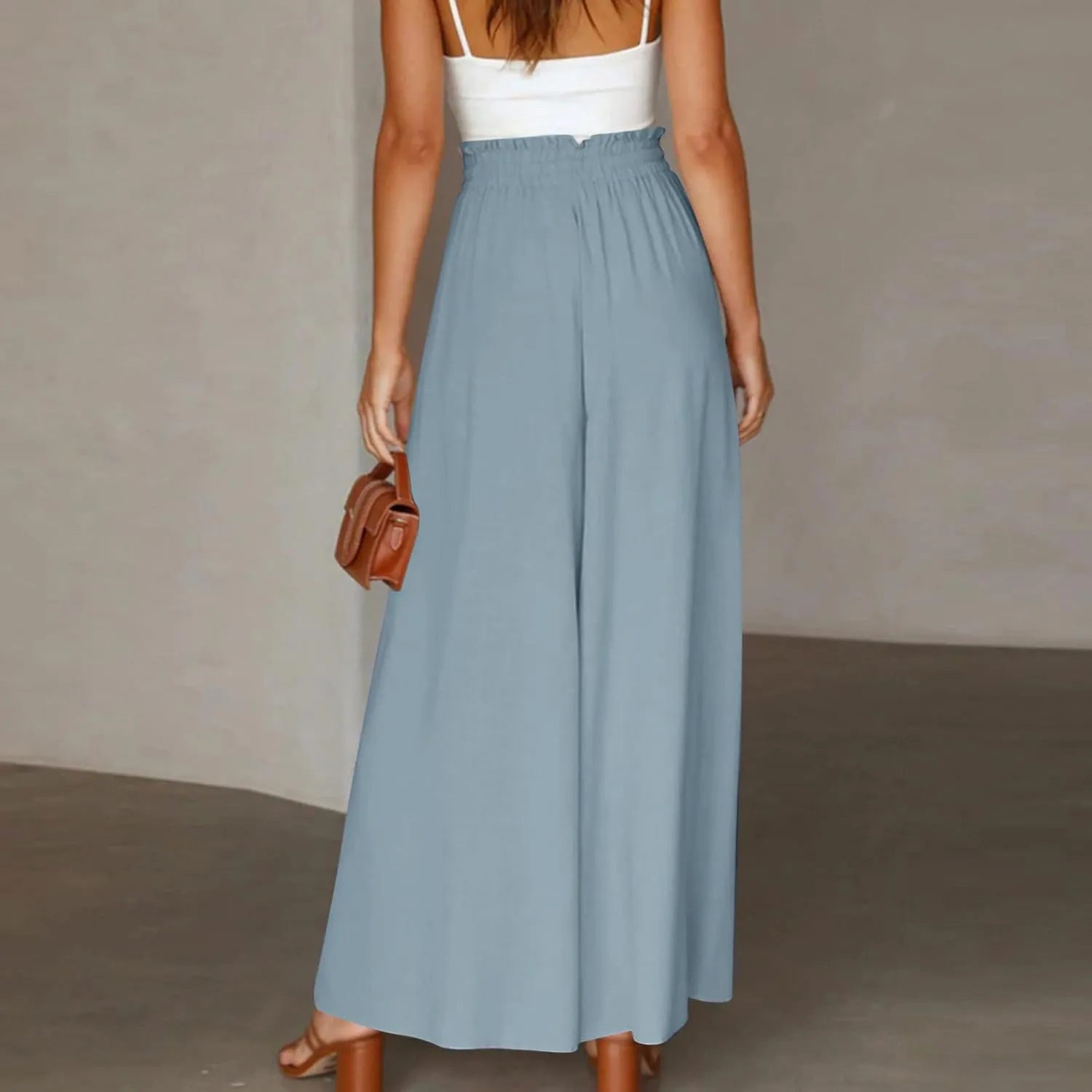 Culottes for Women Chiffon Dressy Casual Wide Leg Pants Elegant Baggy Elastic High Waisted Palazzo Pants with Pockets